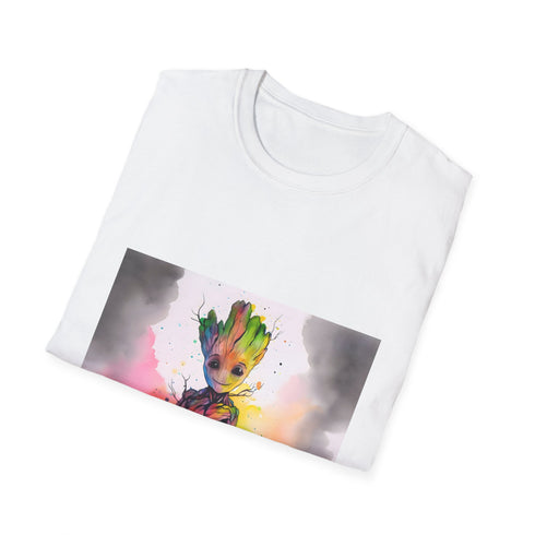 Vibrant watercolor Baby Groot graphic on charcoal cotton crew neck t-shirt