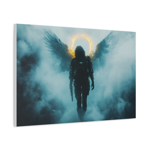 Cyberpunk Angel Walking through Fog Stretched Canvas Wall Art