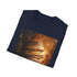 Charcoal crew neck cotton t-shirt with Jupiter painting and cosmic swirls design