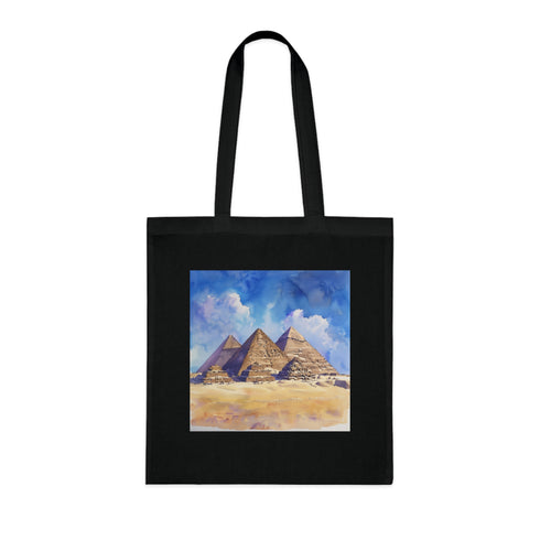 Ancient Wonders black cotton tote bag with Egyptian pyramid watercolor design.