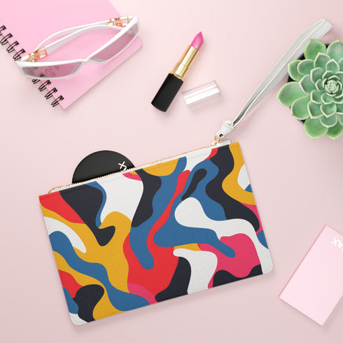 Colorful abstract clutch bag, vibrant seamless pattern, vegan materials, statement accessory.