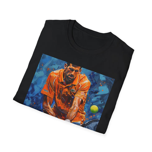 Charcoal crew neck cotton T-shirt featuring dynamic Djokovic painting in vibrant colors