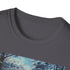 Charcoal cotton t-shirt with winter wonderland painting evokes a dreamlike atmosphere
