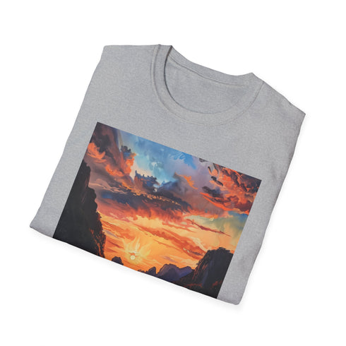 Charcoal crew neck T-shirt with ethereal El Nido sunset painting design