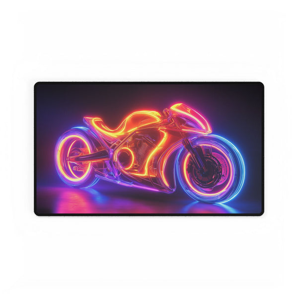 Retro Motorcycle with Neon Trail — XL & XXL Desk Mat — Gaming & Workspace Desk Setup View