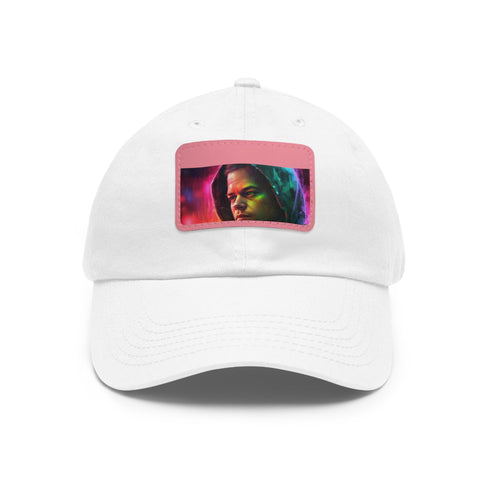 Neon watercolor baseball cap in white with rectangle light brown patch.