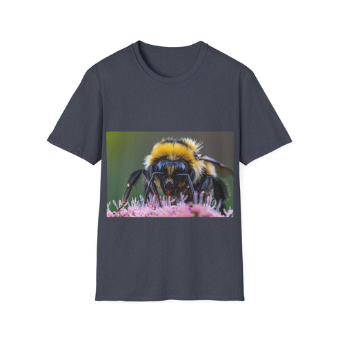 Charcoal cotton tee with vibrant bumblebee watercolor design and crew neck