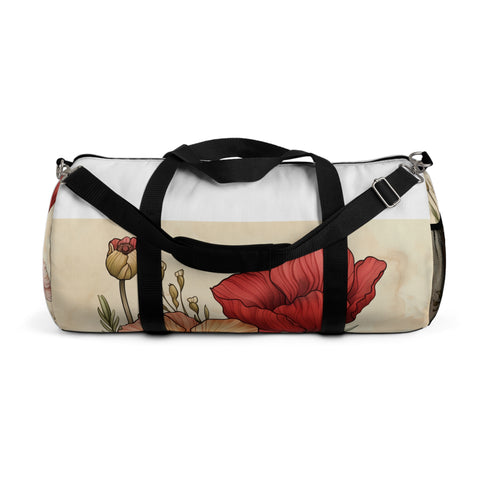 Hand-drawn floral print duffel bag, feminine design, make a statement.