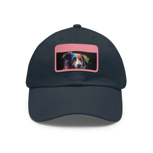 White baseball cap with charming collie patch for dog lovers.