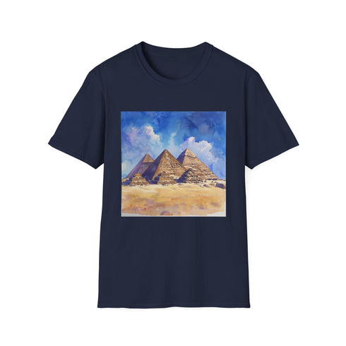 Charcoal Egyptian Pyramids watercolor T-shirt with vibrant ancient design cotton crew neck