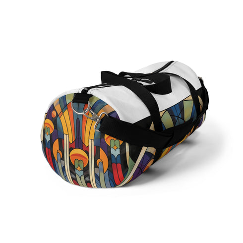 Art Deco patterned duffel bag in bold colors, handmade in the USA.