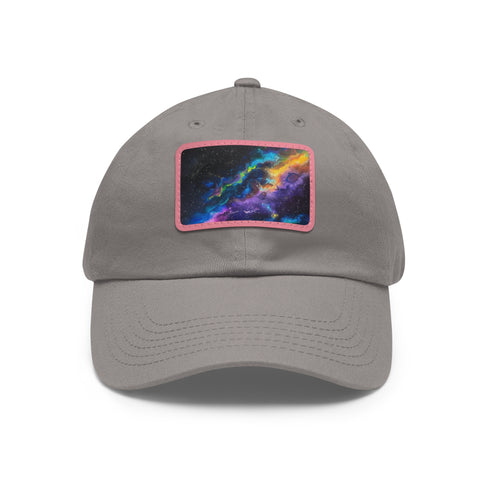 Vibrant neon galaxy snapback cap with light brown patch.