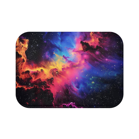 Neon galaxy bath mat with swirling stars and vibrant colors.