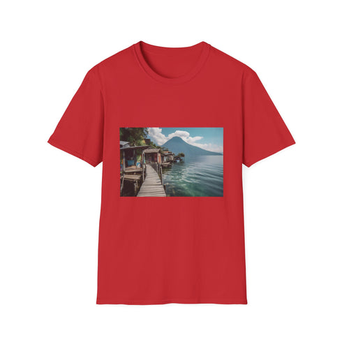 Charcoal cotton T-shirt featuring serene Lake Atitlan tapestry design