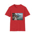 Charcoal cotton T-shirt featuring serene Lake Atitlan tapestry design