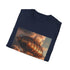 Steampunk airship in charcoal on men's S t-shirt, DTG print.