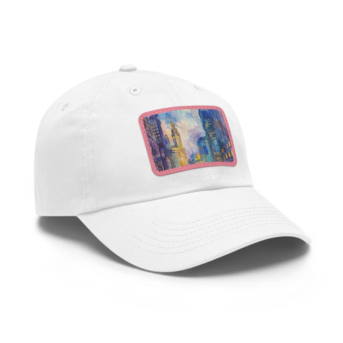 Watercolor Chicago skyline baseball cap in white with light brown patch.