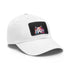 White baseball hat with fluffy samoyed patch for dog lovers.