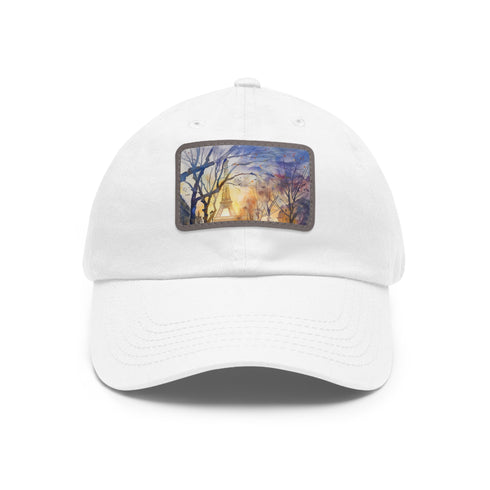 Eiffel Tower watercolor baseball cap with Parisian charm in white.