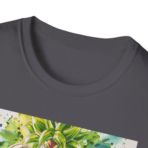 Charcoal cotton t-shirt features Broly illustration captures Super Saiyan fury