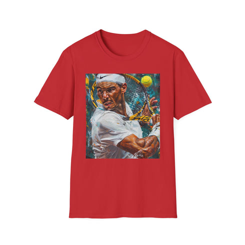Charcoal Nadal tennis painting T-shirt with vibrant brushstroke design cotton crew neck