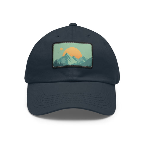 White baseball cap with minimalist mountain landscape patch.
