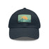 White baseball cap with minimalist mountain landscape patch.