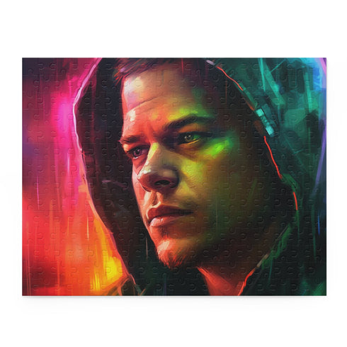 Matt Damon watercolor puzzle featuring vibrant neon colors.