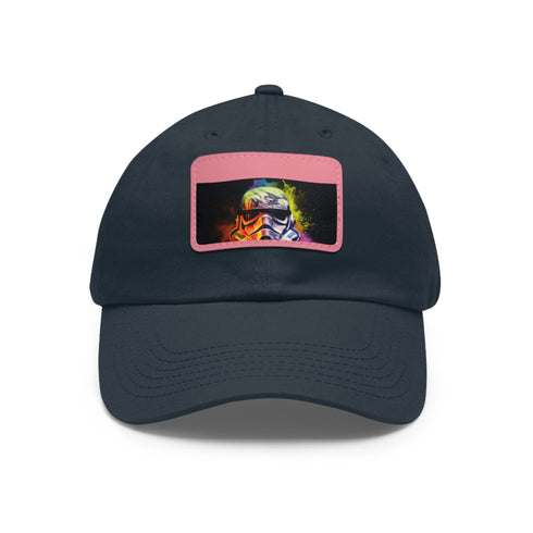 Neon watercolor Storm Trooper baseball cap with light brown patch.