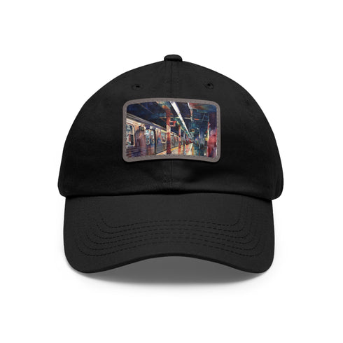 Vibrant watercolor baseball cap featuring NYC subway map at sunset.