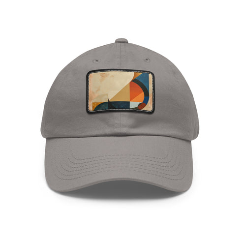 Abstract geometric white cotton hat with light brown rectangle patch.
