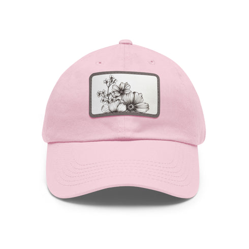 Hand-drawn floral white baseball cap with light brown patch.