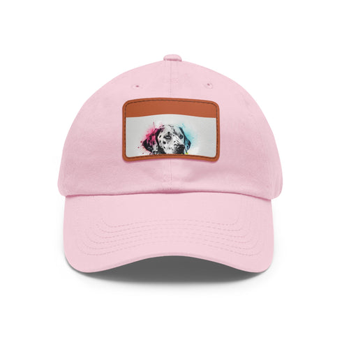 Dalmatian baseball cap with cute graphic, white and light brown rectangle.
