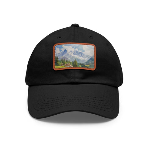 Swiss Alps watercolor cap in white with light brown rectangle patch.
