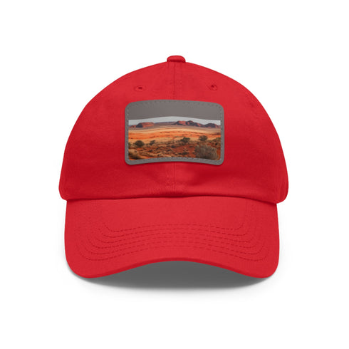 Desert landscape themed white cotton hat with light brown patch.