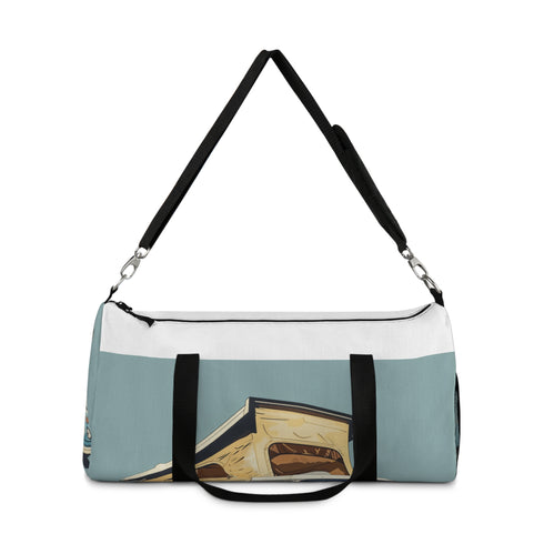 Light blue retro camper duffel bag for stylish getaways.