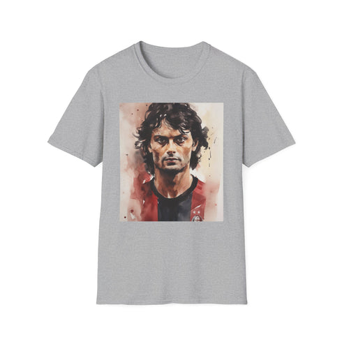 Paolo Maldini charcoal cotton tee with watercolor football design.