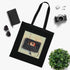 Retro black cotton tote bag with cassette tapestry design.