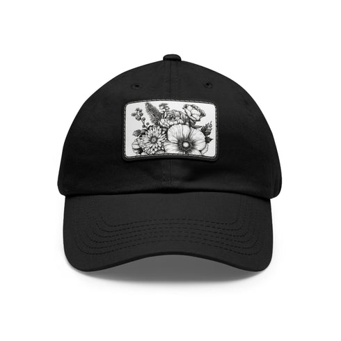 Colorful floral baseball cap with hand-drawn flowers on white patch.
