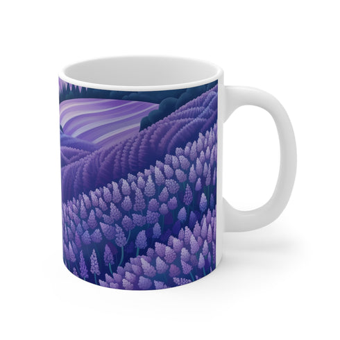 Serene lavender fields ceramic coffee mug with delicate floral pattern.