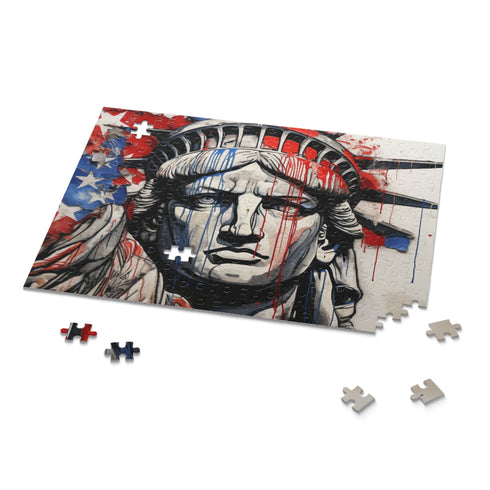 Colorful American flag jigsaw puzzle with unique line drawing design.