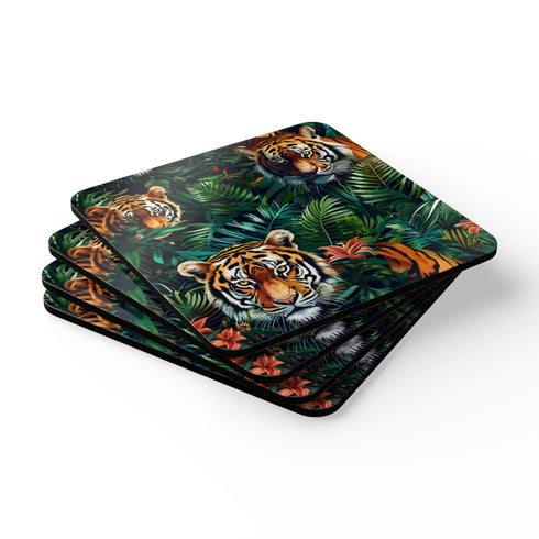 Tiger Jungle Coaster Set: Safari Chic square coasters with vibrant Jungle Safari pattern