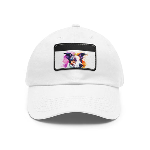 Adorable Jack Russel snapback cap, white with light brown patch.
