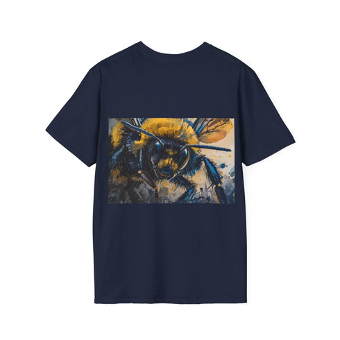 Charcoal cotton crew neck tee with vibrant bumblebee watercolor design