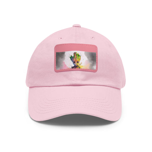 Neon watercolor Baby Groot baseball cap in White with Light Brown patch.