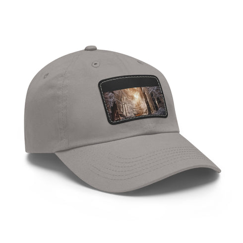 Winter forest themed white baseball cap with light brown rectangle patch.