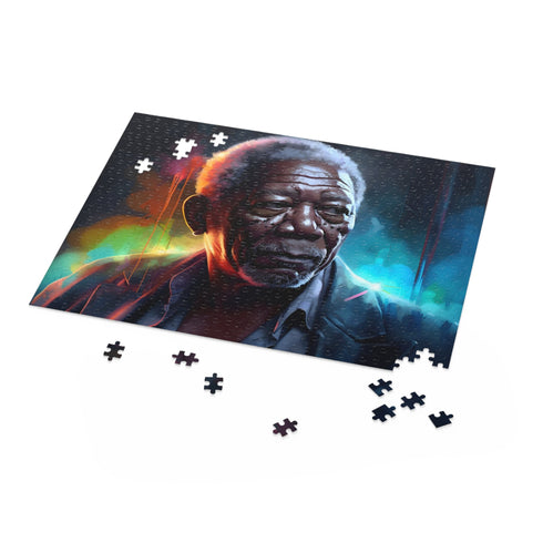 Vibrant watercolor puzzle featuring neon Morgan Freeman portrait, 10" x 8"