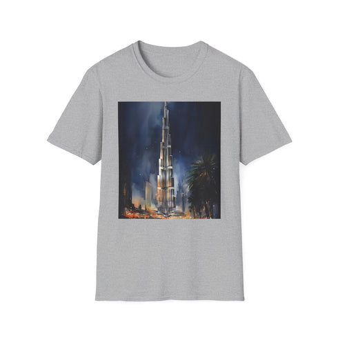 Charcoal cotton T-shirt featuring watercolor Dubai skyline with regular fit