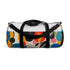 Abstract bold bright duffel bag with seamless pattern in vibrant colors.