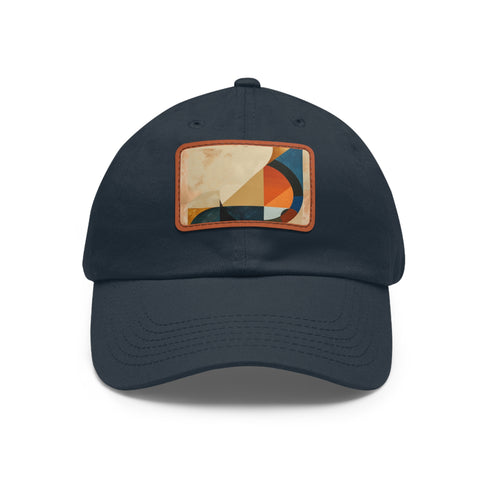Abstract geometric white baseball cap with light brown patch and rectangle design.